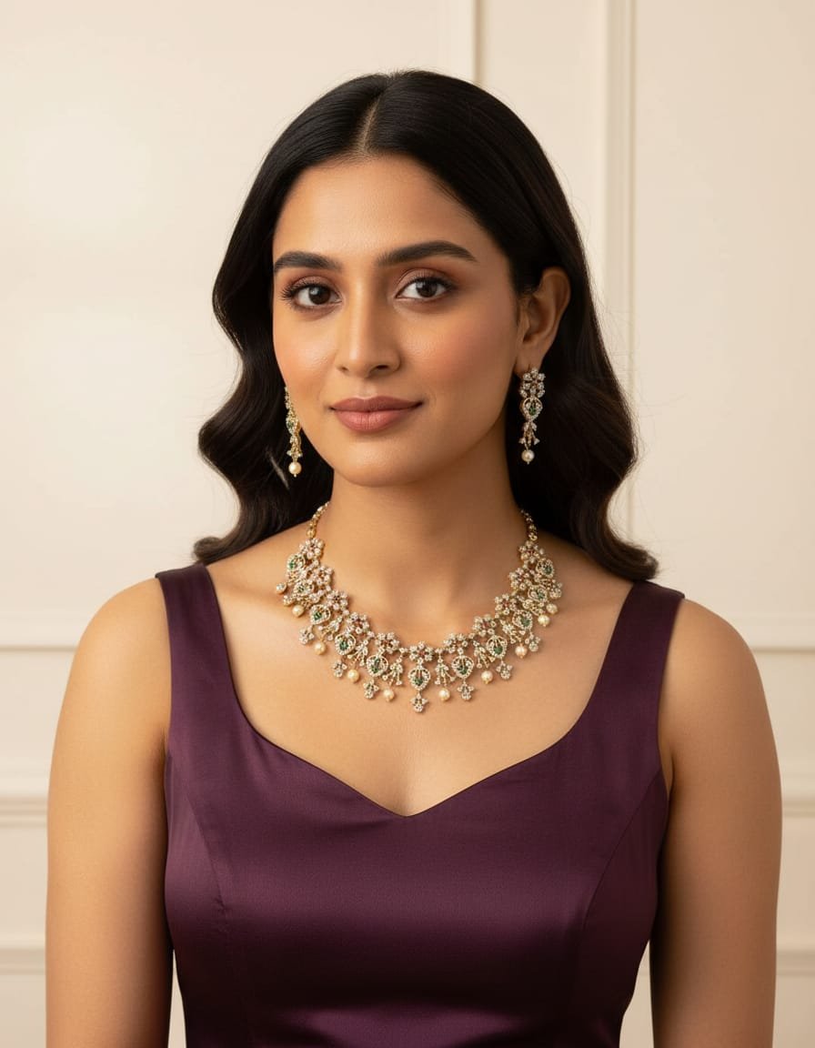 American Diamond Leaf Pattern Necklace